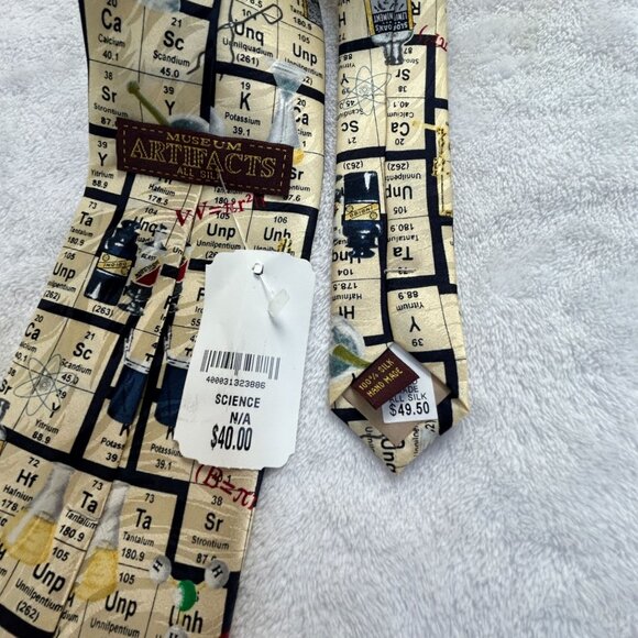 Museum Artifacts Periodic Table Science All Silk Hand Made Tie 29" Beige New $49 - Picture 2 of 4